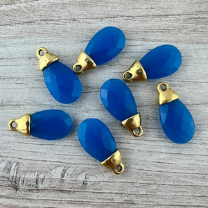 Blue Chalcedony Pear Faceted Briolette Drop Pendant with Antique Gold Bead Cap, Jewelry Making Artisan Findings, GL-S043