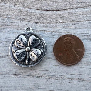 Soldered Shamrock Pendant, Irish Claddagh Charm, Four Leaf Clover Antiqued Silver, Jewelry Making Supplies, PW-6283