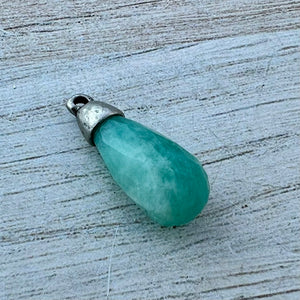 Amazonite Faceted Teardrop Briolette Drop Pendant with Silver Pewter Bead Cap, Jewelry Making Artisan Findings, PW-S039