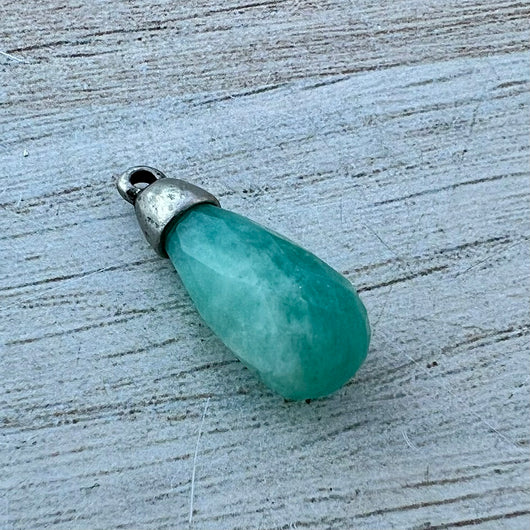 Amazonite Faceted Teardrop Briolette Drop Pendant with Silver Pewter Bead Cap, Jewelry Making Artisan Findings, PW-S039