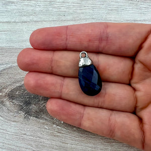 Blue Jade Pear Faceted Briolette Drop Pendant with Antique Pewter Bead Cap, Gemstone, Jewelry Making Artisan Findings, PW-