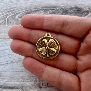 Soldered Shamrock Pendant, Irish Claddagh Charm, Four Leaf Clover Antiqued Gold, Jewelry Making Supplies, GL-6283