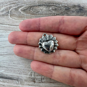 Sacred Heart, Flaming Ruffled Scalloped Heart, Antiqued Silver Charm Pendant, Jewelry Findings, PW-6308