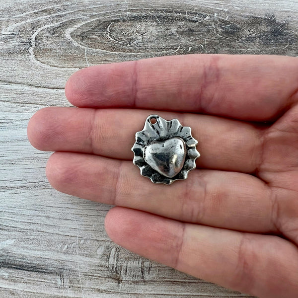 Load image into Gallery viewer, Sacred Heart, Flaming Ruffled Scalloped Heart, Antiqued Silver Charm Pendant, Jewelry Findings, PW-6308
