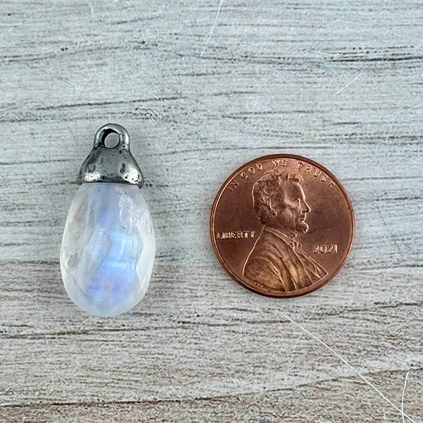 Load image into Gallery viewer, White Rainbow Moonstone Pear Faceted Briolette Drop Pendant with Antique Pewter Bead Cap, Gemstone, Jewelry Making Artisan Findings, PW-S044
