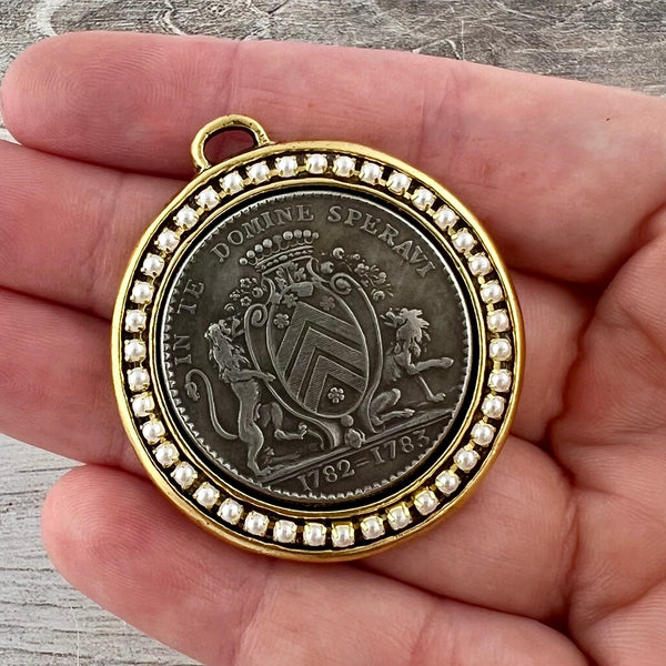 Load image into Gallery viewer, Large French Coin Pendant, Gold and Silver Mixed Metal Pendant With Pearls, Medal, GL-6314
