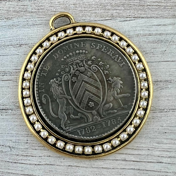 Load image into Gallery viewer, Large French Coin Pendant, Gold and Silver Mixed Metal Pendant With Pearls, Medal, GL-6314
