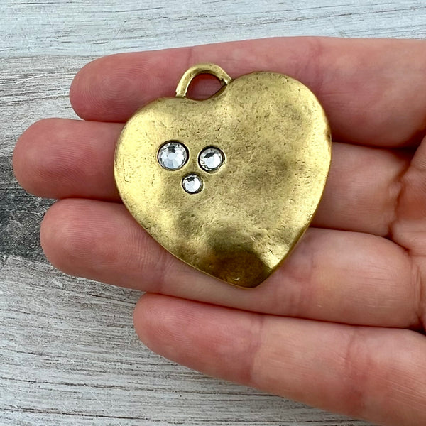 Load image into Gallery viewer, Large Gold Rhinestone Heart Pendant, Vintage Smooth Crystal Heart Charm, Jewelry Making Supplies, Components GL-6326
