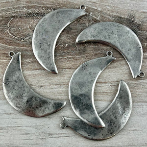 Wavy Crescent Moon Pendant, Large Silver Celestial Charm, Artisan Jewelry Findings, PW-6313