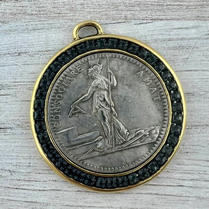 Large French Revolutionary Coin, Gold and Silver Mixed Metal Pendant With Black Rhinestones Crystals, Medal, GL-6316