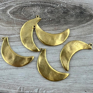 Wavy Crescent Moon Pendant, Large Gold Celestial Charm, Artisan Jewelry Findings, GL-6313