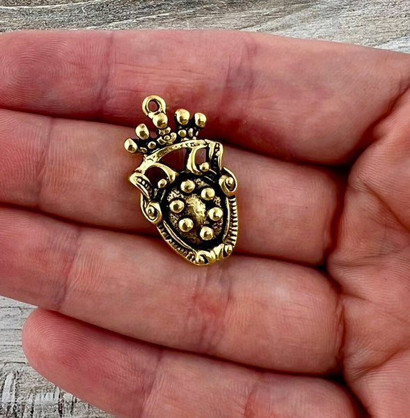 Load image into Gallery viewer, Old World Dotted Shield Medallion Charm, Antiqued Gold Crown Pendant, Jewelry Findings, GL-6300
