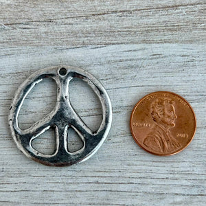 Peace Sign Pendant, Smooth Silver Pewter, Symbol Charm, Artisan Jewelry Findings, PW-6305