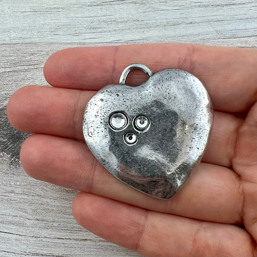 Large Silver Rhinestone Heart Pendant, Vintage Smooth Crystal Heart Charm, Jewelry Making Supplies, Components, PW-6326