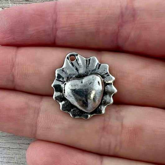 Sacred Heart, Flaming Ruffled Scalloped Heart, Antiqued Silver Charm Pendant, Jewelry Findings, PW-6308