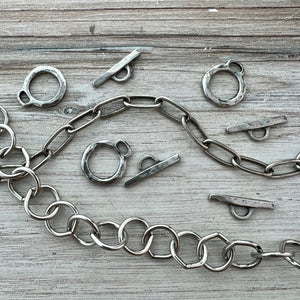 Medium Hammered Organic Toggle Clasp, Antiqued Silver Closure, Artisan Necklace Bracelet Findings, PW-6273