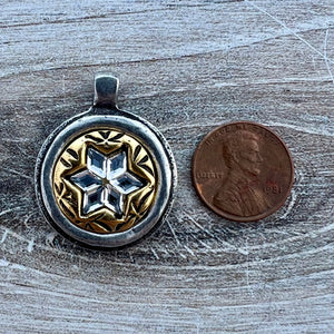 Mixed Metal Rhinestone Star Pendant, Gold and Silver Circle with Crystals, Jewelry Making Supplies, PW-6287