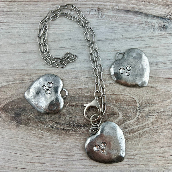 Load image into Gallery viewer, Large Silver Rhinestone Heart Pendant, Vintage Smooth Crystal Heart Charm, Jewelry Making Supplies, Components, PW-6326
