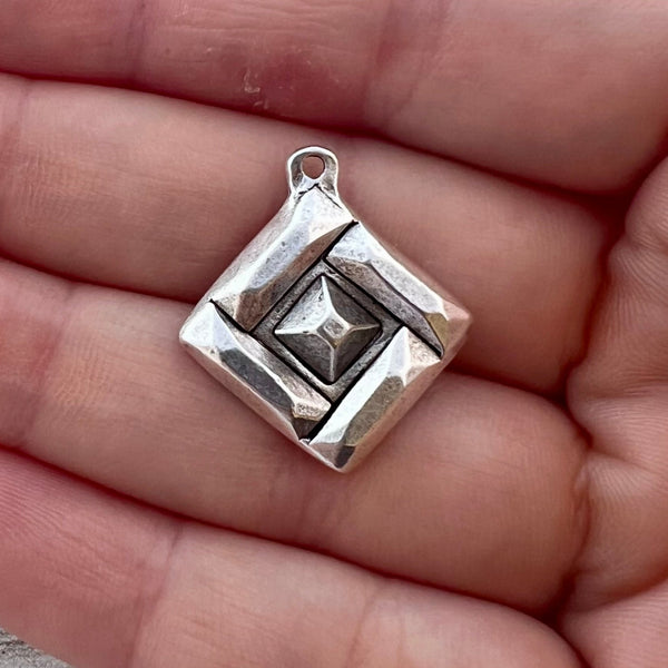 Load image into Gallery viewer, Geometric Abstract Diamond Shape Charm,  Antiqued Silver Pendant, Artisan Jewelry Components Supplies, SL-6292
