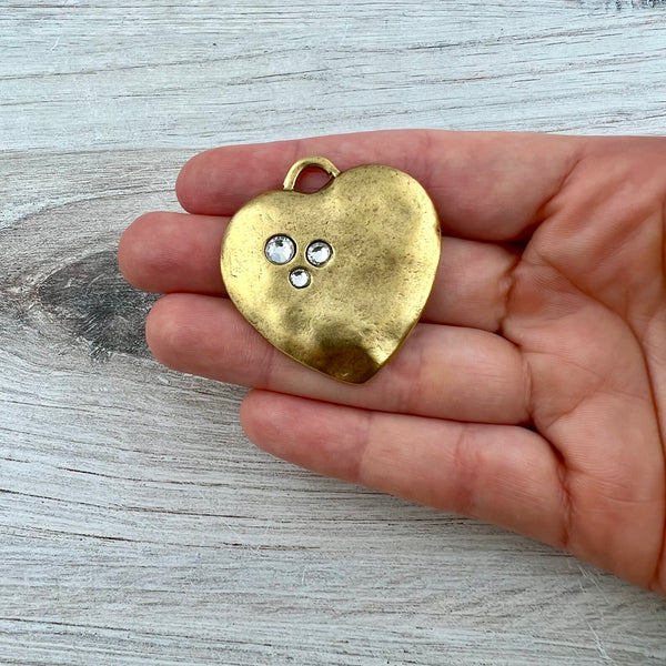 Load image into Gallery viewer, Large Gold Rhinestone Heart Pendant, Vintage Smooth Crystal Heart Charm, Jewelry Making Supplies, Components GL-6326
