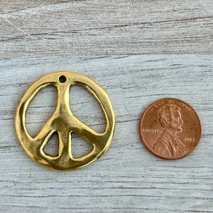 Peace Sign Pendant, Smooth Gold Symbol Charm, Artisan Jewelry Findings, GL-6305