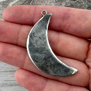 Wavy Crescent Moon Pendant, Large Silver Celestial Charm, Artisan Jewelry Findings, PW-6313