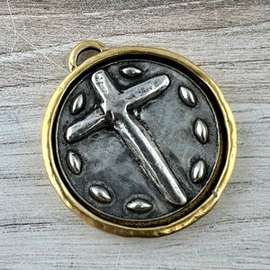 Mixed Metal Cross Coin Pendant, Large Gold and Silver Crown Coin, Jewelry Making Supplies, GL-6301