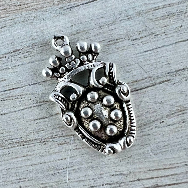 Load image into Gallery viewer, Old World Dotted Shield Medallion Charm, Antiqued Silver Crown Pendant, Jewelry Findings, SL-6300
