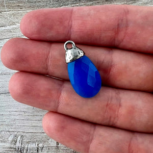 Blue Chalcedony Pear Faceted Briolette Drop Pendant with Antique Pewter Bead Cap, Jewelry Making Artisan Findings, PW-S043