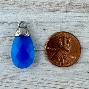 Blue Chalcedony Pear Faceted Briolette Drop Pendant with Antique Pewter Bead Cap, Jewelry Making Artisan Findings, PW-S043