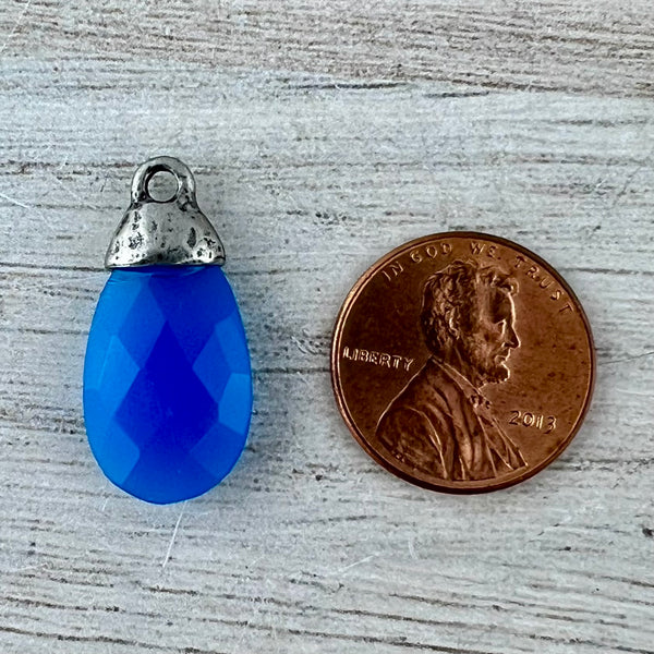 Load image into Gallery viewer, Blue Chalcedony Pear Faceted Briolette Drop Pendant with Antique Pewter Bead Cap, Jewelry Making Artisan Findings, PW-S043
