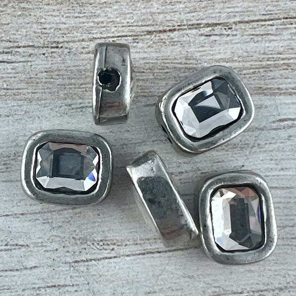 Load image into Gallery viewer, Bead, Crystal Clear Emerald Cut Rhinestone Bead, Small Rectangle Antiqued Pewter, Jewelry Making Artisan Findings, PW-S042
