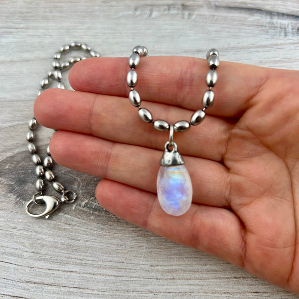 Load image into Gallery viewer, White Rainbow Moonstone Pear Faceted Briolette Drop Pendant with Antique Pewter Bead Cap, Gemstone, Jewelry Making Artisan Findings, PW-S044
