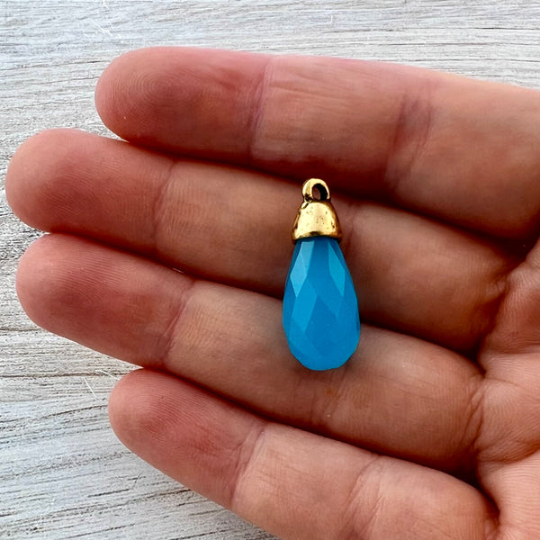 Load image into Gallery viewer, Blue Chalcedony Faceted Teardrop Briolette Drop Pendant with Antique Gold Bead Cap, Jewelry Making Artisan Findings, GL-S041
