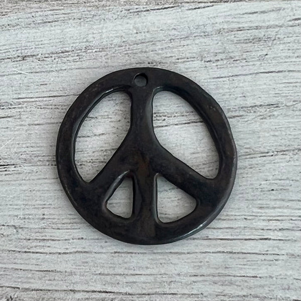 Load image into Gallery viewer, Peace Sign Pendant, Rustic Brown Smooth Symbol Charm, Artisan Jewelry Findings, BR-6305
