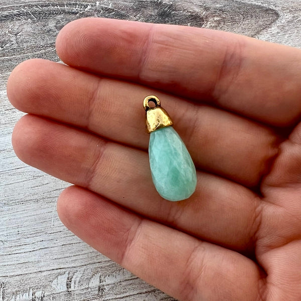 Load image into Gallery viewer, Amazonite Teardrop Faceted Briolette Drop Pendant with Gold Pewter Bead Cap, Jewelry Making Artisan Findings, GL-S039
