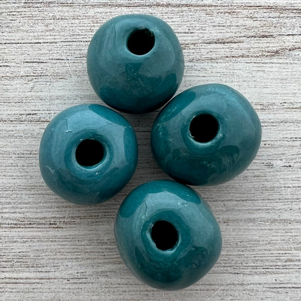Load image into Gallery viewer, 4 Large Blue Teal Ceramic Beads, Glazed Large Bead, Jewelry Finding Making Supplies, BD-0040
