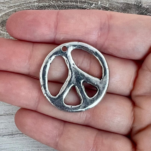 Peace Sign Pendant, Smooth Silver Pewter, Symbol Charm, Artisan Jewelry Findings, PW-6305