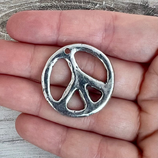 Load image into Gallery viewer, Peace Sign Pendant, Smooth Silver Pewter, Symbol Charm, Artisan Jewelry Findings, PW-6305
