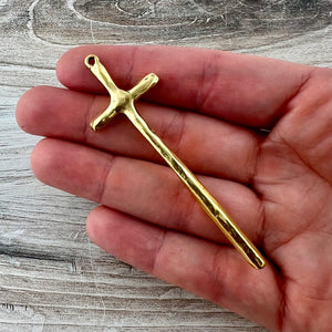 Tall Skinny Hammered Cross Pendant, Gold Cross, Charm for Jewelry Making Supplies, GL-6315