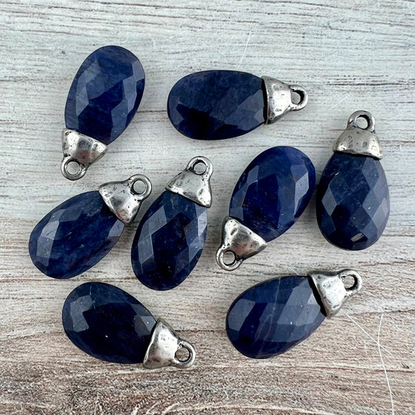 Load image into Gallery viewer, Blue Jade Pear Faceted Briolette Drop Pendant with Antique Pewter Bead Cap, Gemstone, Jewelry Making Artisan Findings, PW-
