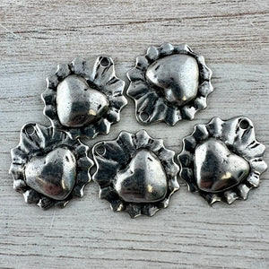 Sacred Heart, Flaming Ruffled Scalloped Heart, Antiqued Silver Charm Pendant, Jewelry Findings, PW-6308