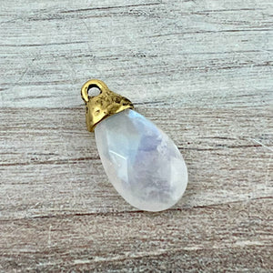 White Rainbow Moonstone Pear Faceted Briolette Drop Pendant with Antique Gold Bead Cap, Gemstone, Jewelry Making Artisan Findings, GL-S044