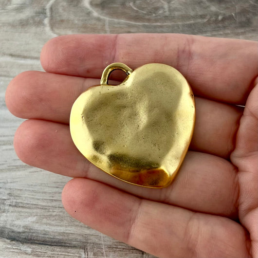 Large Gold Heart Pendant, Vintage Smooth Wavy Puffy Heart Charm, Jewelry Making Supplies, Components GL-6317