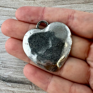 Large Silver Heart Pendant, Vintage Smooth Wavy Heart Charm, Jewelry Making Supplies, Components, PW-6317