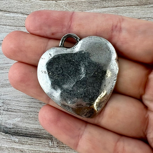 Large Silver Heart Pendant, Vintage Smooth Wavy Heart Charm, Jewelry Making Supplies, Components, PW-6317