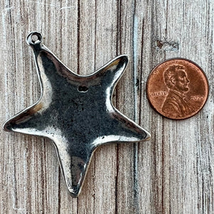 Large Smooth Star Pendant, Silver Pewter Artisan Charm for Jewelry Design, PW-6270
