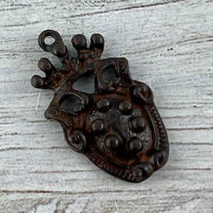Old World Dotted Shield Medallion Charm, Antiqued Rustic Brown Crown Pendant, Jewelry Findings, BR-6300