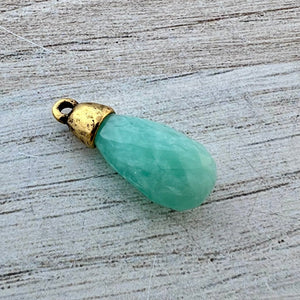 Amazonite Teardrop Faceted Briolette Drop Pendant with Gold Pewter Bead Cap, Jewelry Making Artisan Findings, GL-S039