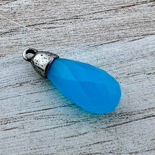 Blue Chalcedony Faceted Teardrop Briolette Drop Pendant with Silver Pewter Bead Cap, Jewelry Making Artisan Findings, PW-S041